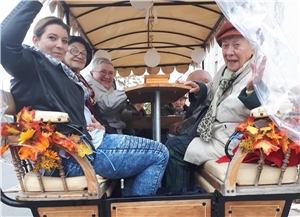 Die Bewohner haben in der Kutsche Platz genommen und schauen heraus. Kutschfahrt 1