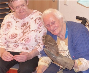 Eine Bewohnerin freut sich über den Anblick des Falken, der auf ihrer Hand sitzt. Eine Bewohnerin freut sich über den Anblick des Falken, der auf ihrer Hand sitzt.