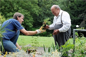 Ein Mitarbeiter und ein älterer Mann pflanzen zusammen im Garten eines Altenwohnheims Blumen an. Ehrenamt