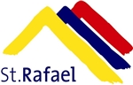 Drei Dächer in gelb, blau und rot bilden das Logo von St. Rafael
