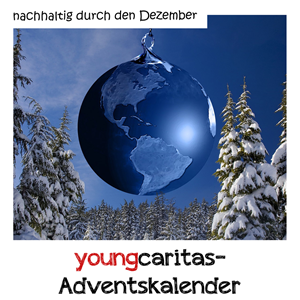 youngcaritas Adventskalender Logo mit einer Weltkugel und dem Titel "Nachhaltig durch den Dezember"