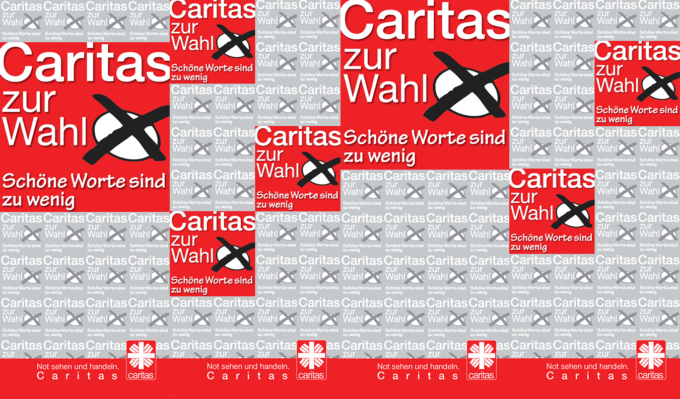 Kombination aus allen vier Variante des Rollups "Caritas zur Wahl" für Veranstaltungen der Caritas in NRW