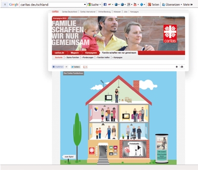 Screenshot einer Unterseite zur Caritas-Jahreskampagne 2013 "Familie schaffen wir nur gemeinsam" auf der Website des Deutschen Caritasverbandes 