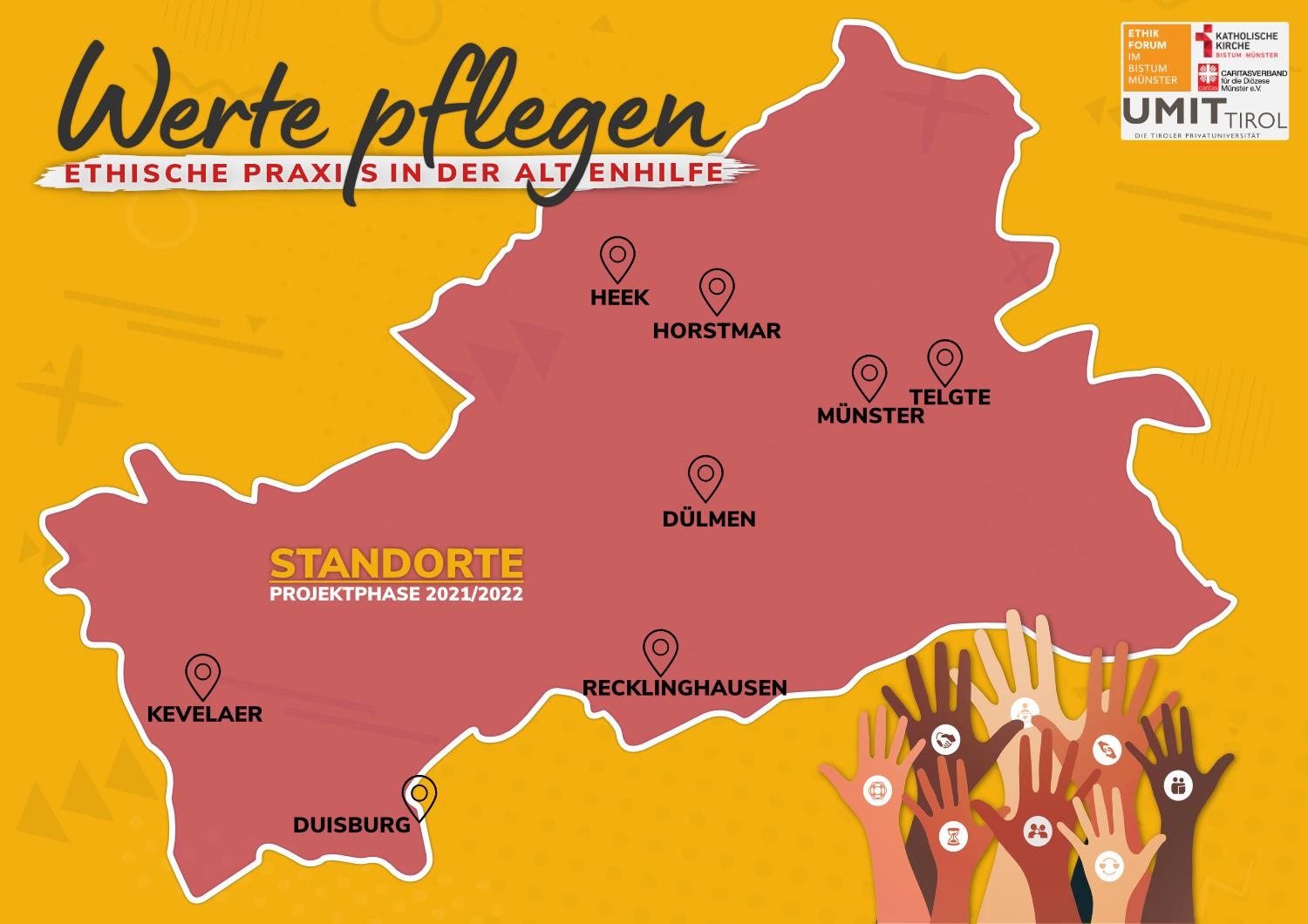 Die Grafik zeigt auf einer Karte der Diözese Münster die acht Standorte des Projektes Werte pflegen.