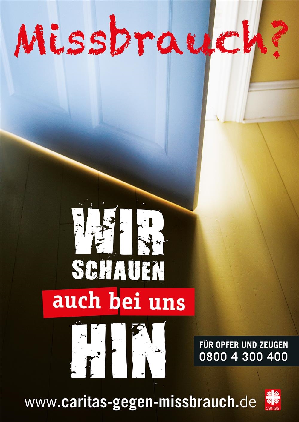 Plakat Schutz vor sexuellem Missbrauch - ein leerer Stuhl und eine offene Tür, aus der Licht scheint 