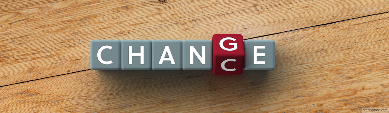Header_Integration durch Arbeit: Das Wort "Change" mit Würfeln gelegt. Das G kippt fasst auf C und so entstünde das Wort "Chance"