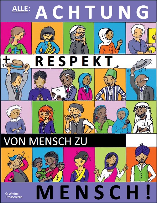 Illustration mit Bildern unterschiedlicher Menschen und dem Text: Achtung und Respekt von Mensch zu Mensch! (Caritasverband Darmstadt e. V. / Jutta Wrobel)