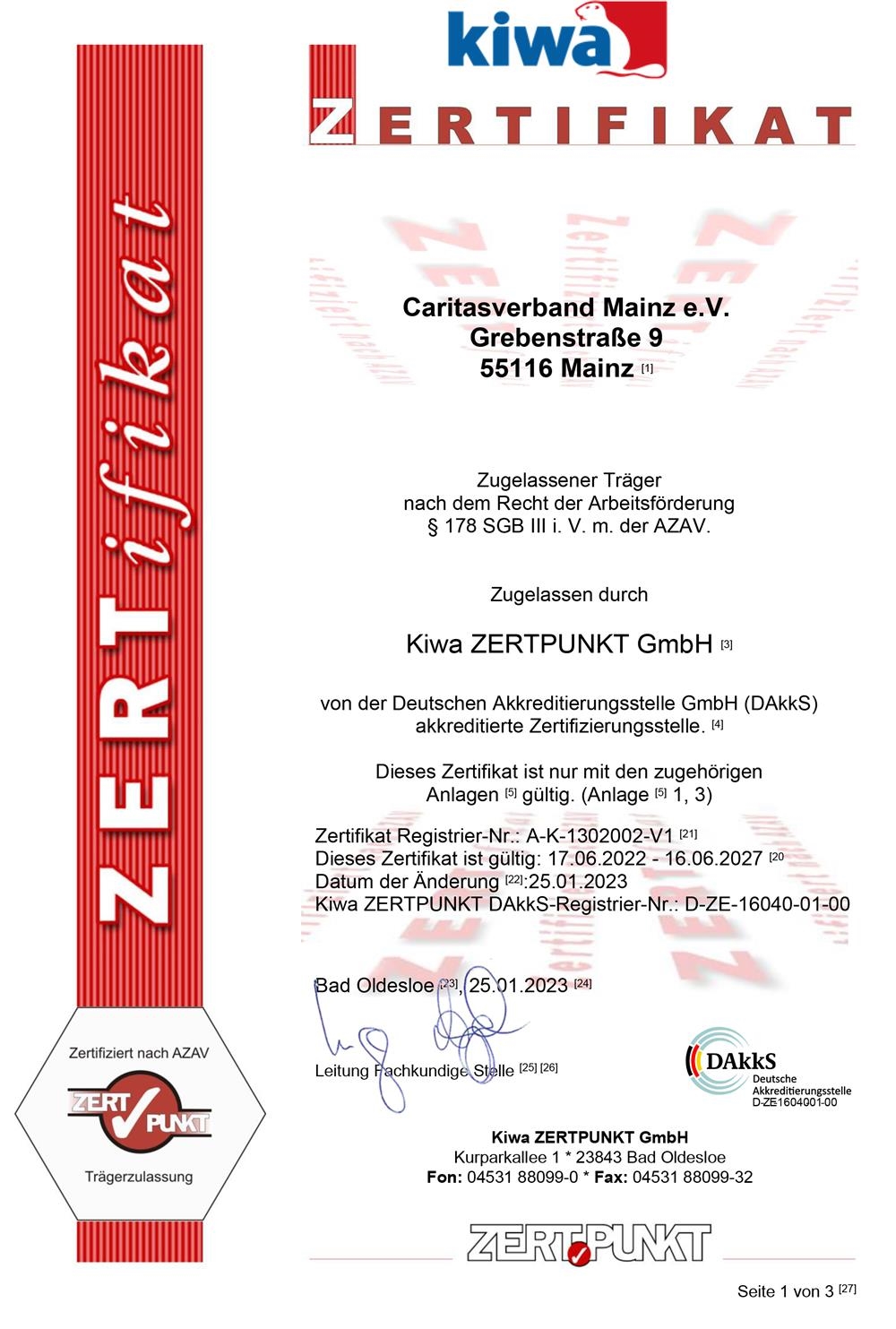Zertifikat Träger CV Mainz