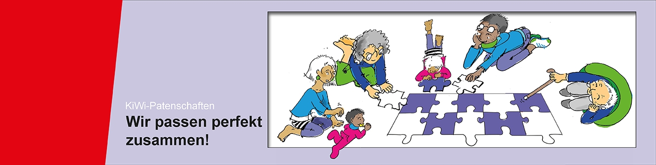Illustration: 4 Erwachsene und 2 Kleinkinder legen ein Puzzle auf dem Boden