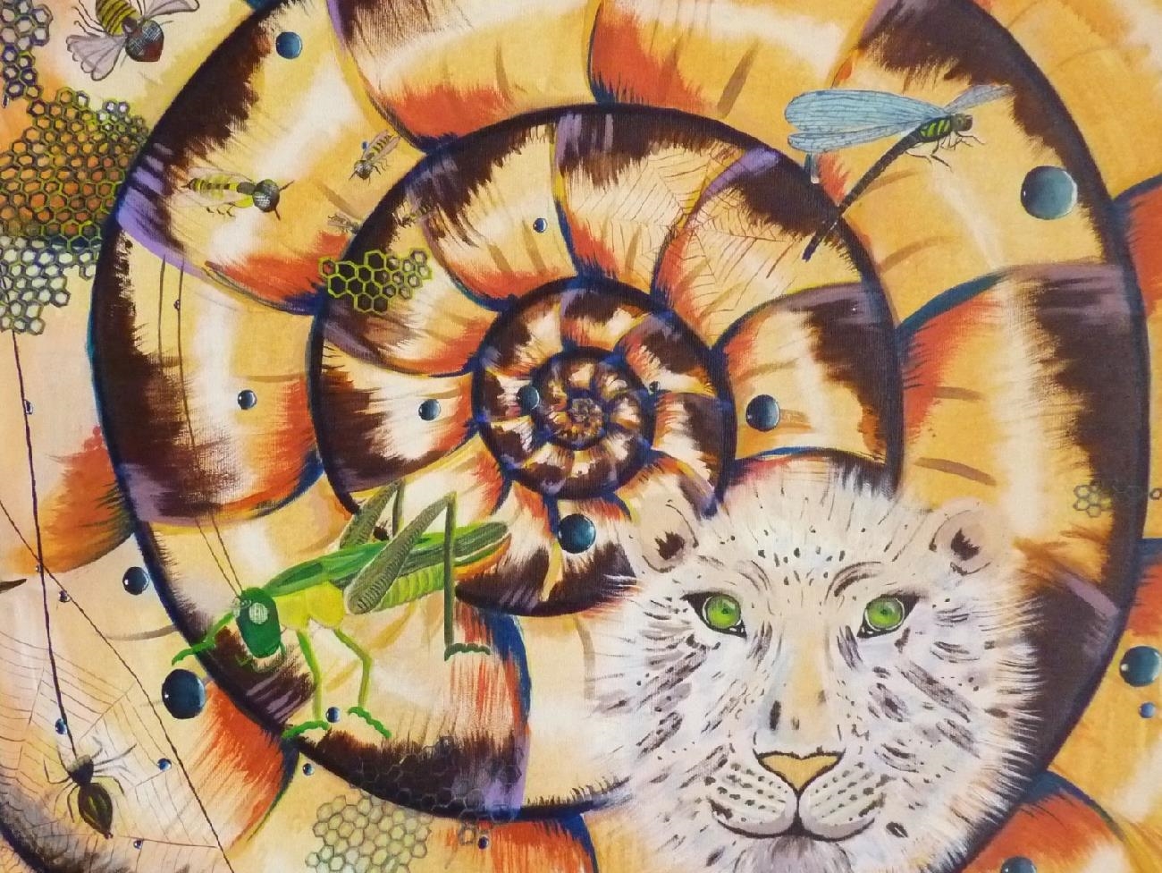 Spirale, bemalt mit Tiger, Fliege, Grashüpfer, Libelle, Spinne 