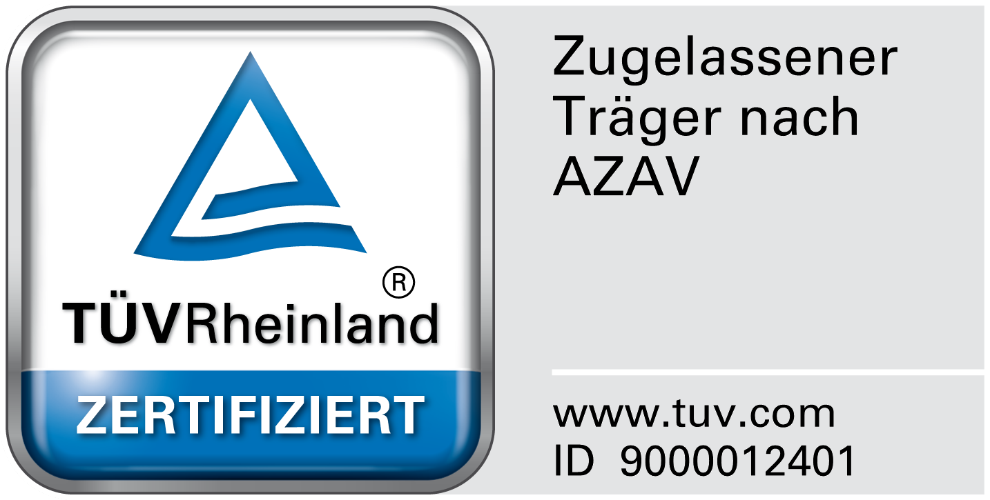 Prüfzeichen vom TÜV Rheinland über die AZAV-Zertifizierung