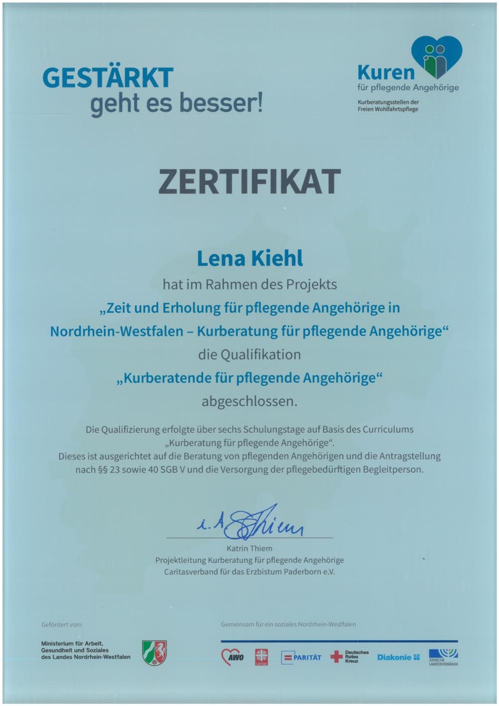 Zertifikat Frau Kiehl