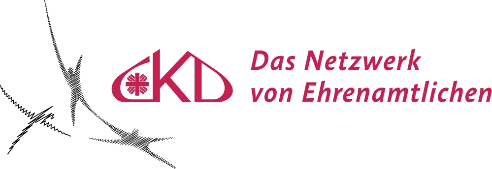 CKD_Header: Logo in lila-rot: "CKD Das Netzwerk von Ehrenamtlichen" Im C das Flammenkreuz, links drei sehr schemenhafte schwarz gestrichelte Figuren, fast Sterne.
