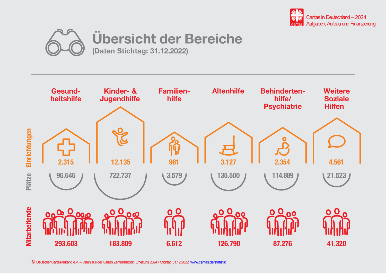 Grafische Darstellung der Arbeitsfelder der Caritas mit Zahlen zu Mitarbeitern, Plätzen und Einrichtungen