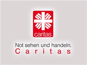 Caritas-Logo 'Rotes Flammenkreuz' mit Claim 'Not sehen und Handeln'