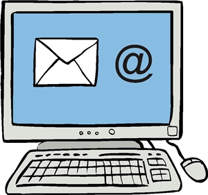 Computer gezeichnet Gezeichneter Computer mit Briefumschlag und E-Mail-Zeichen (© Mensch zuerst – Netzwerk People First)