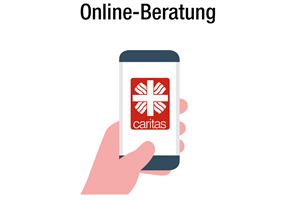 Eine Hand hält ein Smartphone mit Caritas-Logo hoch