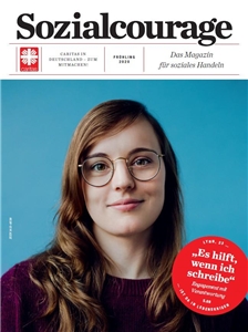Das Titelbild der Ausgabe 1_2020 der Zeitschrift Sozialcourage zeigt das Gesicht einer jungen Ehrenamtlichen.