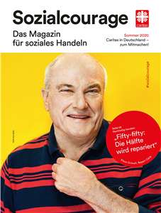 Das Titelbild der Sozialcourage Heft 2_2020 zeigt einen Akteur des im Heft beschriebenen Reparaturen-Cafés