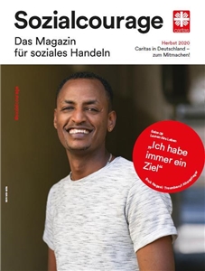 Die Titelseite der Zeitschrift Sozialcourage zeigt das Porträt des aus Eritrea geflüchteten jungen Protagonisten im Titelbeitrag.