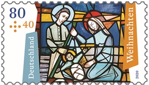 Briefmarke mit Motiv Kirchenfenster „Geburt Christi“
