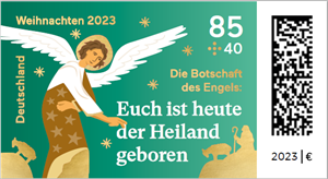Briefmarke zu Weihnachten 2023. Botschaft des Engels: Euch ist heute der Heiland geboren.