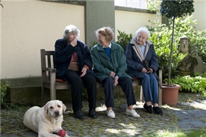 3 Seniorinnen sitzen auf einer Bank im Garten