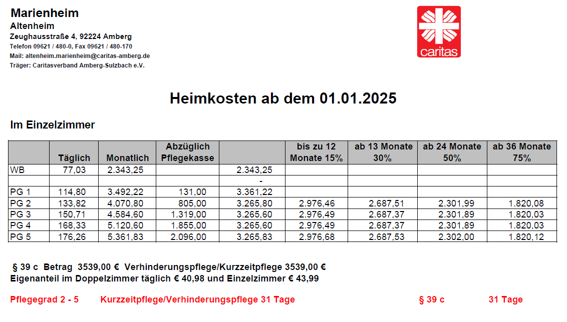 Aufstellung Marienheim Kosten Einzelzimmer ab 01.01.2025