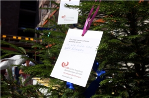 Bewohnerinnen und Bewohner des Heilig-Geist-Spitals, Landsberg, schrieben ihre Wünsche für das neue Seniorenzentrum an der Kommerzienrart-Winklhofer-Straße 3 in Landsberg auf Zettel, die sie dann an den Richtbaum hingen.