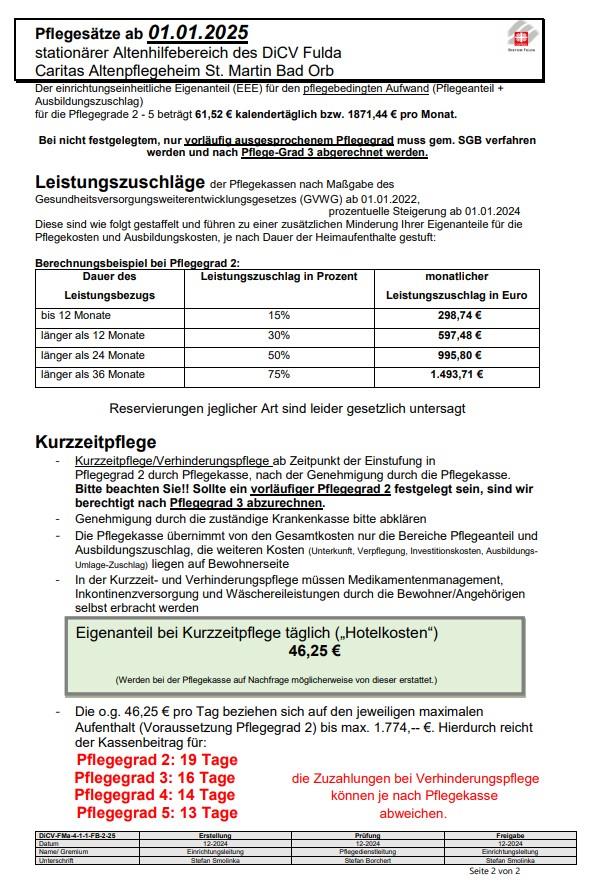 Pflegesätze ab 1.1.2025- 2