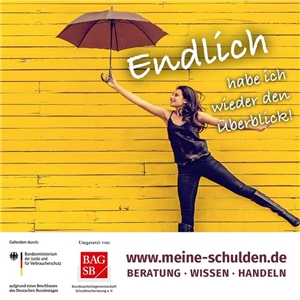 Frau mit Regenschirm in der Hand - Plakat zu Webseite www.meine-schulden.de