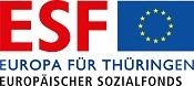 Rote Buchstaben E S F, Europaflagge, darunter Text "Europa für Thüringen" und Europäischer Sozialfonds"