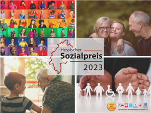 Collage aus vier Bildern zum Thema Vielfalt mit der Überschrift Hessischer Sozialpreis 2023