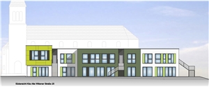 Bauskizze Farbige Skizze, die zeigt, wie der Caritas-Kindergarten Don Bosco aussehen wird