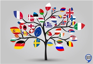ein Baum mit Blättern in Nationalflaggen verschiedener Länder
