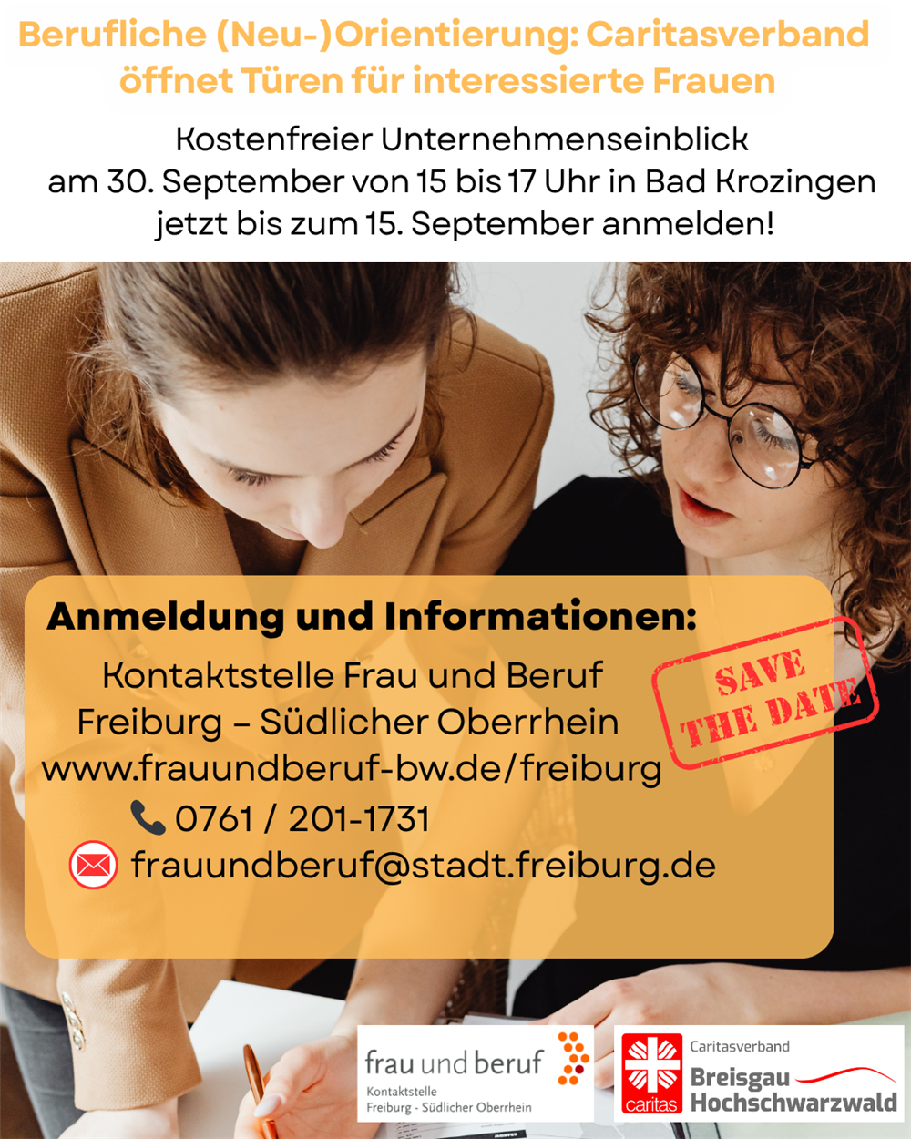 Berufliche (Neu-)Orientierung: Caritasverband öffnet Türen für interessierte Frauen: Kostenfreier Unternehmenseinblick  am 30. September von 15 bis 17 Uhr in Bad Krozingen -  jetzt bis zum 15. September anmelden!