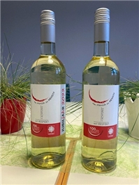 Zwei Weinflaschen auf einem pflanzengeschmückten Tisch, auf dem Etikett steht Jubiljahr 2022 und Von Mensch zu Mensch mit Achtung und Respekt