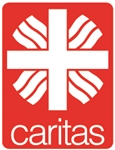 Das Logo der Caritas, Kreuz aus welchem stilisierte Flammen schlagen, darunter der Schriftzug caritas