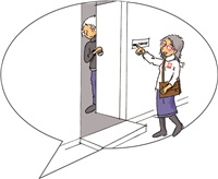 Illustration: Caritas-Mitarbeiterin klingelt an Tür eines Klienten