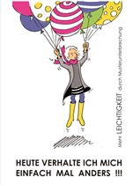 Illustration: Frau schwebt an einem Bund bunter Luftballons