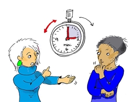 Illustration: Mann und Frau im Gespräch mit Stoppuhr für Redezeit