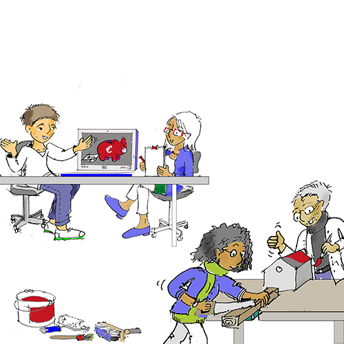 Illustration: Ein Mensch wird an die Aufgabenbereiche von Arbeitsplätzen herangeführt. Zum Bereich Zuverdienstprojekt Bergstraße hier klicken.