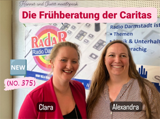 Foto der Mitarbeiterinnen der Frühberatung in Darmstadt Clara Dau und Alexandra Marx mit Radio Darmstadt Logo im Hintergrund