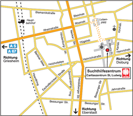 Das Suchthilfezentrum in Darmstadt ist in der Wilhelm-Glässing-Straße 15-17 in der Nähe der Sankt Ludwigskirche und schräg gegenüber der Neuen Synagoge