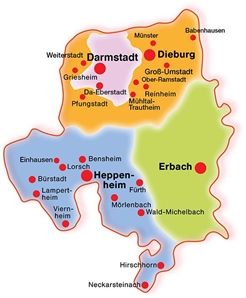 Karte mit der Abbildung der wichtigsten Orte der Regionen Darmstadt, Darmstadt-Dieburg, Odenwald und Bergstraße