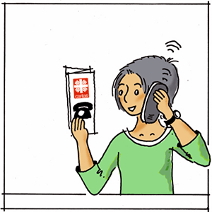 Illustration: Frau schaut in ein Caritas-Flugblatt und spricht in ein Telefon