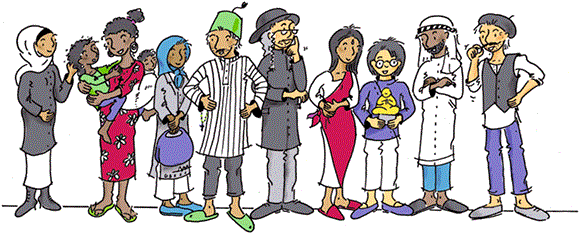 Illustration: Gruppe aus Frauen und Männern verschiedener Ethnien, teilweise in traditionelle Gewänder gekleidet