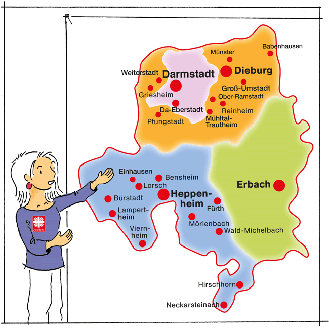 Illustration: Frau zeigt auf eine Landkarte, auf welcher die Regionen rund um Darmstadt-Dieburg, Heppenheim und Erbach zu sehen sind