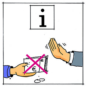 Illustration: Unter einem Symbolschild für Information weist eine Hand Geld zurück m zu zeigen, dass die Beratungsleistungen der Caritas für Ratsuchende kein Geld kostet