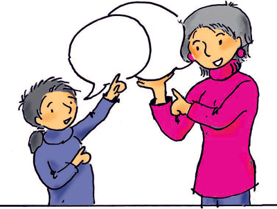 Illustration: Therapeutin und Kind beim Sprach·training